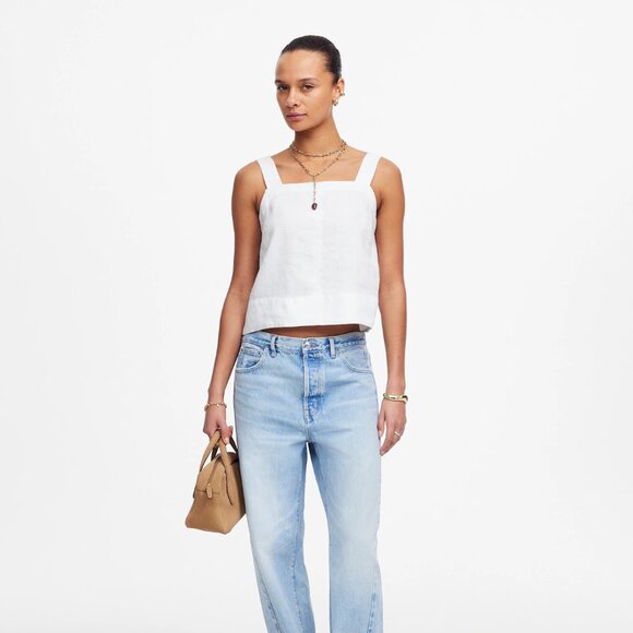 Madewell Contrast-Stitch Squareneck Top in 100% Linen in Salt, Size Small - Picture 2 of 9